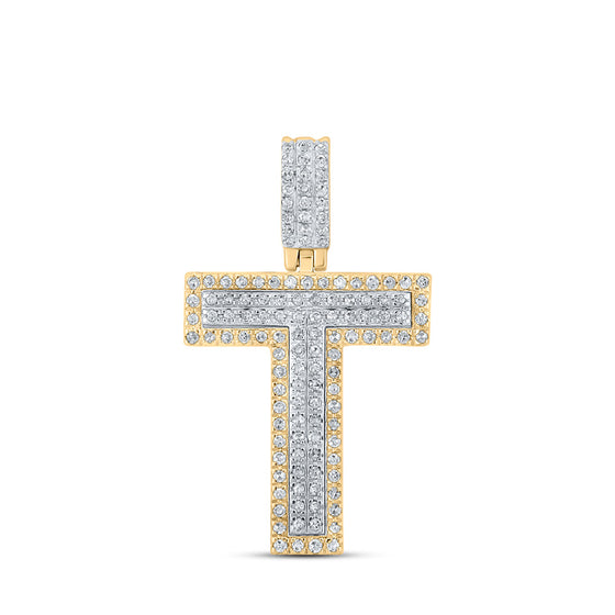 10k Two-tone Gold Mens Round Diamond T Initial Letter Pendant 3/8 Cttw