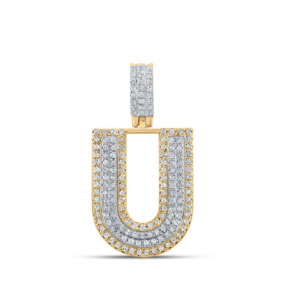 10k Two-tone Gold Mens Round Diamond U Initial Letter Pendant 1/2 Cttw