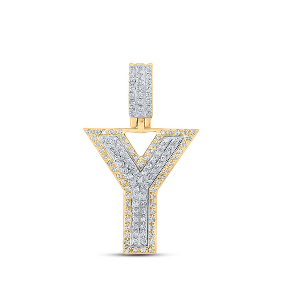10k Two-tone Gold Mens Round Diamond Y Initial Letter Pendant 3/8 Cttw