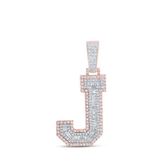10k Two-tone Gold Mens Baguette Diamond J Initial Letter Charm Pendant 1-3/8 Cttw