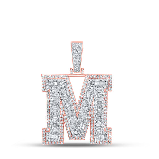 10k Two-tone Gold Mens Baguette Diamond M Initial Letter Charm Pendant 2-7/8 Cttw