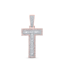  10k Two-tone Gold Mens Baguette Diamond T Initial Letter Charm Pendant 1-3/8 Cttw