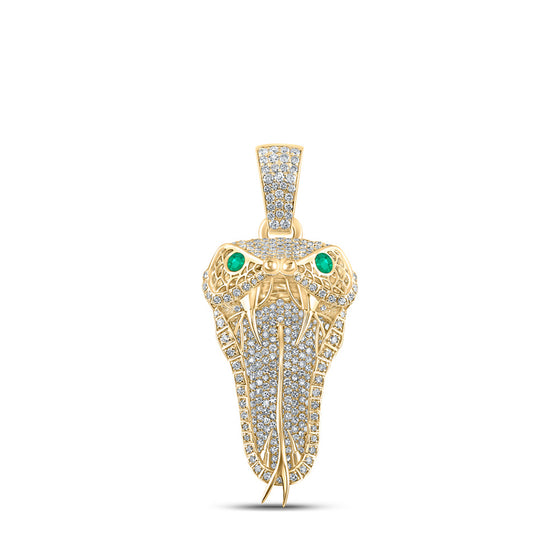 10k Yellow Gold Mens Round Emerald Diamond Snake Charm Pendant 2-7/8 Cttw