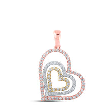  10k Tri-Tone Gold Womens Round Diamond Nested Heart Pendant 1/2 Cttw