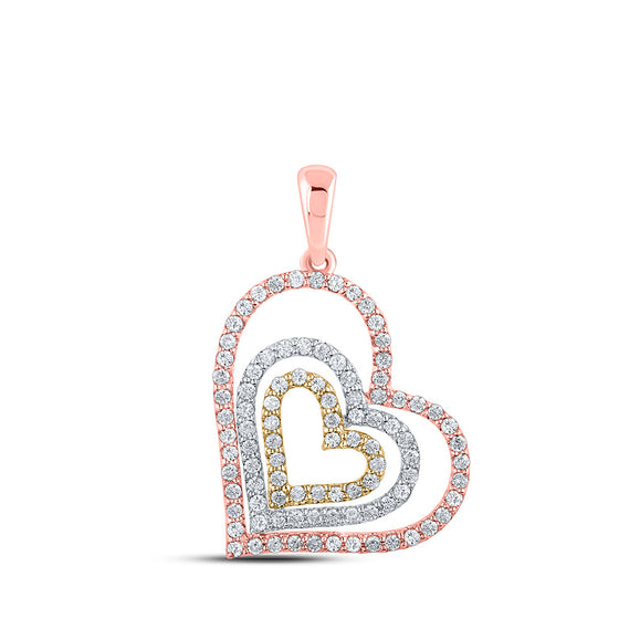 10k Tri-Tone Gold Womens Round Diamond Nested Heart Pendant 1/2 Cttw