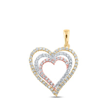  10k Tri-Tone Gold Womens Round Diamond Nested Heart Pendant 1/2 Cttw