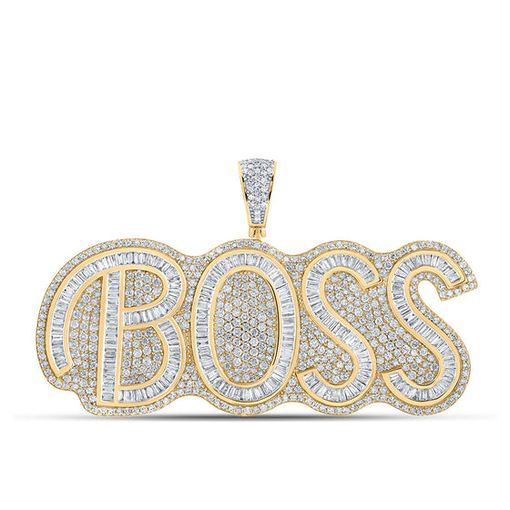10k Two-tone Gold Mens Baguette Diamond BOSS Phrase Charm Pendant 6-3/4 Cttw