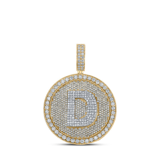 10k Two-tone Gold Mens Round Diamond Letter D Circle Charm Pendant 3-7/8 Cttw