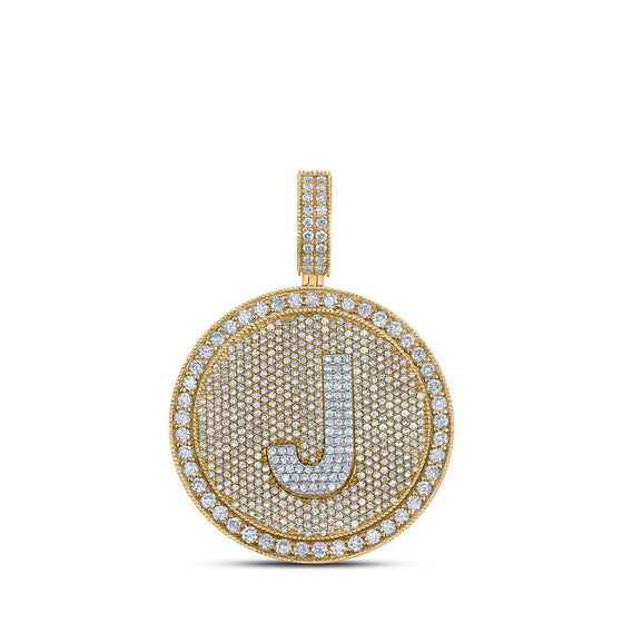 10k Two-tone Gold Mens Round Diamond Letter J Circle Charm Pendant 3-7/8 Cttw