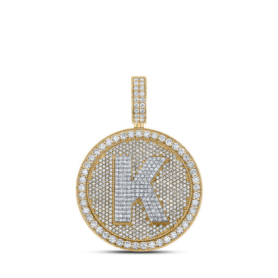 10k Two-tone Gold Mens Round Diamond Letter K Circle Charm Pendant 3-3/4 Cttw