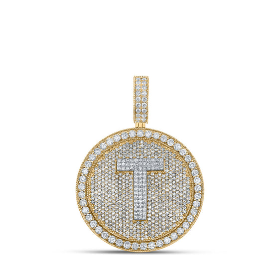 10k Two-tone Gold Mens Round Diamond T Letter Circle Charm Pendant 3-7/8 Cttw
