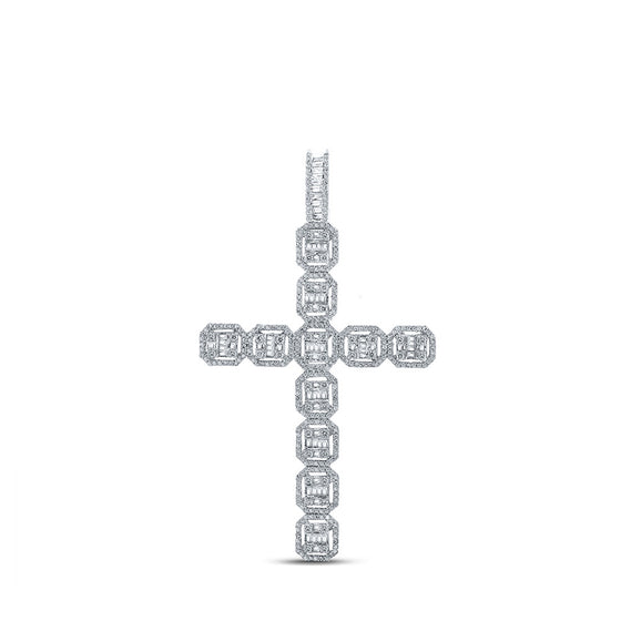 10k White Gold Mens Baguette Diamond Cross Charm Pendant 2-1/3 Cttw