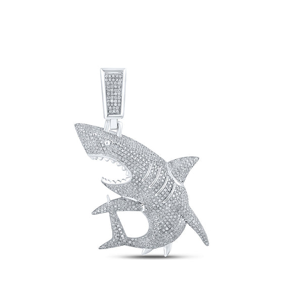 10k White Gold Mens Round Diamond Shark Charm Pendant 1-1/2 Cttw