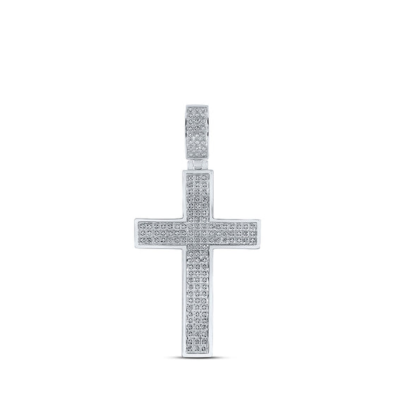 10k White Gold Mens Round Diamond Cross Charm Pendant 1/2 Cttw