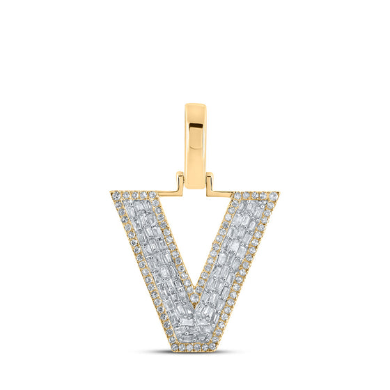 10k Yellow Gold Mens Baguette Diamond V Initial Letter Charm Pendant 1/2 Cttw
