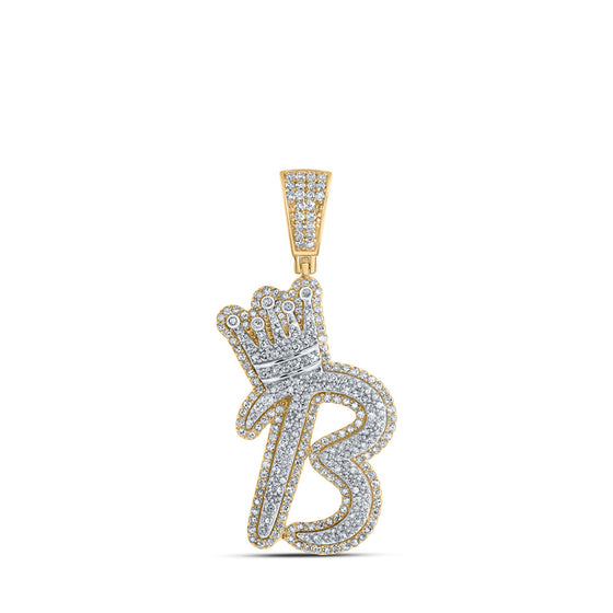 10k Yellow Gold Mens Round Diamond B Crown Letter Charm Pendant 1-1/3 Cttw