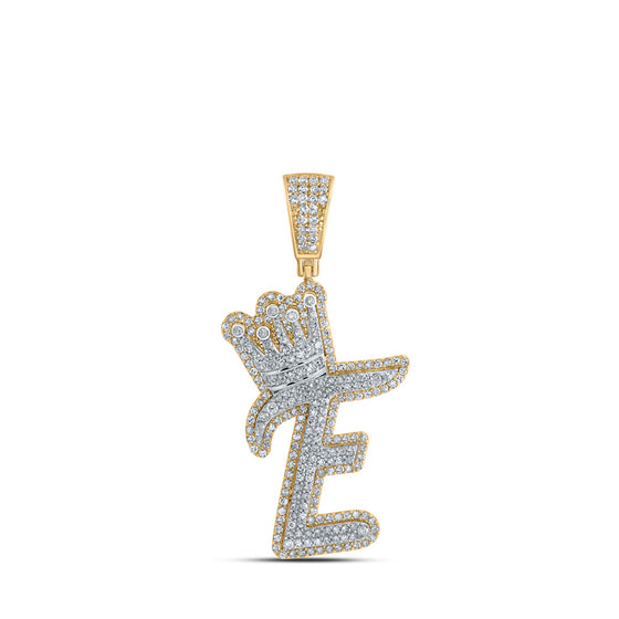 10k Yellow Gold Mens Round Diamond E Crown Letter Charm Pendant 1-1/5 Cttw