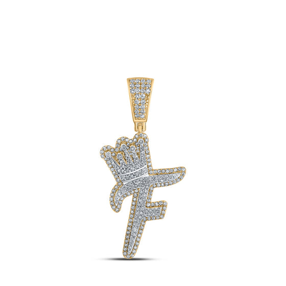 10k Yellow Gold Mens Round Diamond F Crown Letter Charm Pendant 1 Cttw