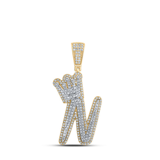 10k Yellow Gold Mens Round Diamond N Crown Letter Charm Pendant 1-1/3 Cttw