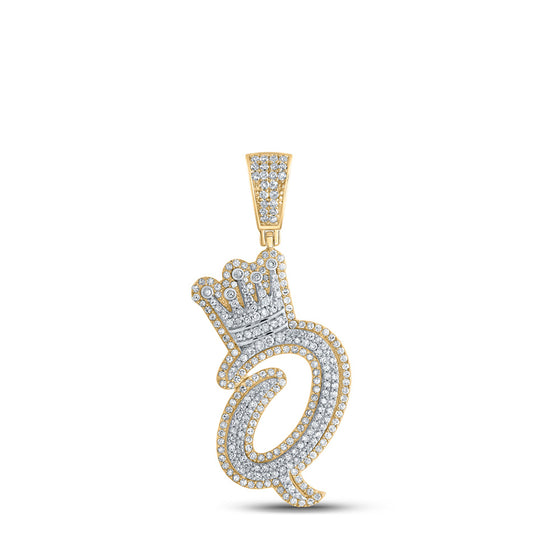 10k Yellow Gold Mens Round Diamond Q Crown Letter Charm Pendant 1-1/4 Cttw