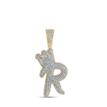  10k Yellow Gold Mens Round Diamond R Crown Letter Charm Pendant 1-1/4 Cttw