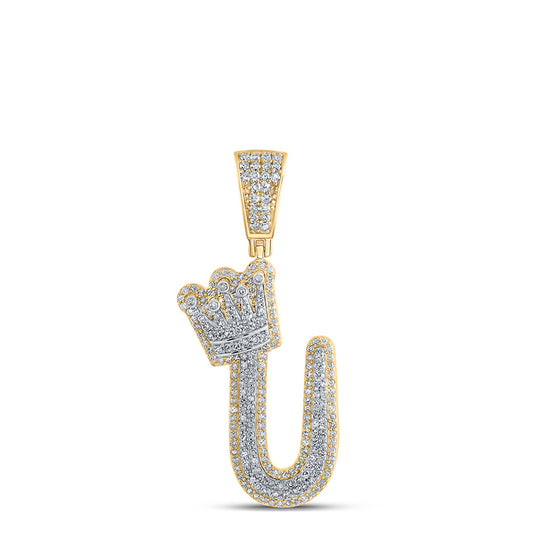 10k Yellow Gold Mens Round Diamond U Crown Letter Charm Pendant 1 Cttw