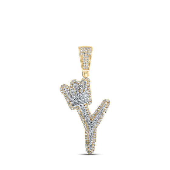 10k Yellow Gold Mens Round Diamond Y Crown Letter Charm Pendant 1 Cttw