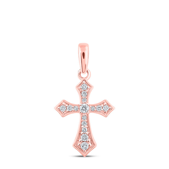 10k Rose Gold Womens Round Diamond Cross Pendant 1/8 Cttw