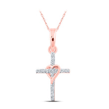  10k Rose Gold Womens Round Diamond Heart Cross Pendant 1/20 Cttw