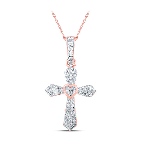 10k Rose Gold Womens Round Diamond Cross Pendant 1/6 Cttw