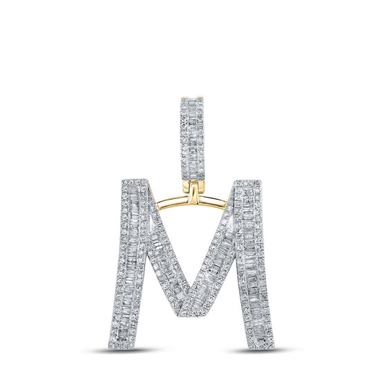 14k Yellow Gold Mens Baguette Diamond M Initial Letter Charm Pendant 1 Cttw