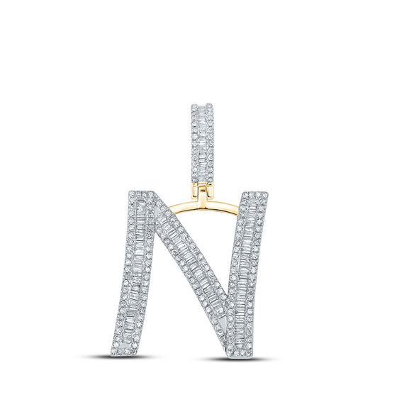 14k Yellow Gold Mens Baguette Diamond N Initial Letter Charm Pendant 7/8 Cttw