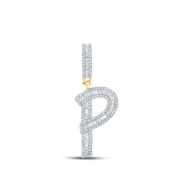 14k Yellow Gold Mens Baguette Diamond P Initial Letter Charm Pendant 3/4 Cttw