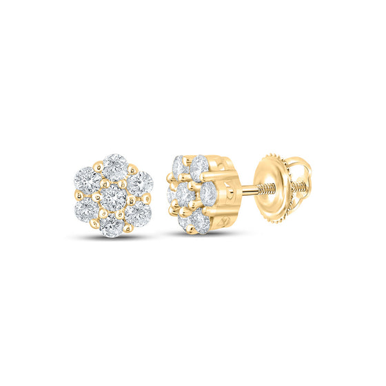 14k Yellow Gold Round Diamond Flower Cluster Earrings 1/4 Cttw