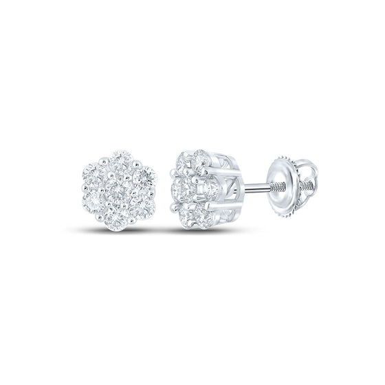 14k White Gold Round Diamond Flower Cluster Earrings 3/4 Cttw