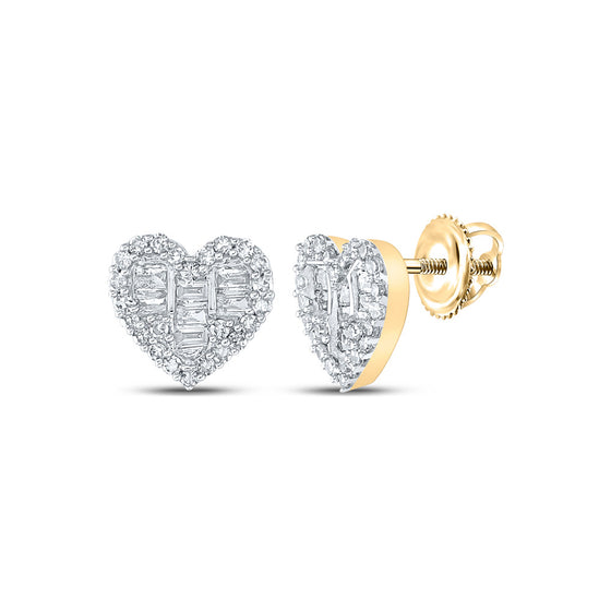 14k Yellow Gold Womens Baguette Diamond Heart Earrings 3/8 Cttw