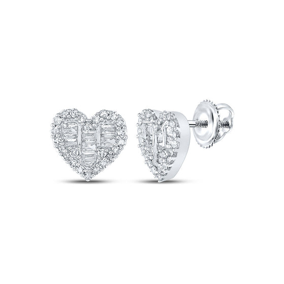 14k White Gold Womens Baguette Diamond Heart Earrings 3/8 Cttw