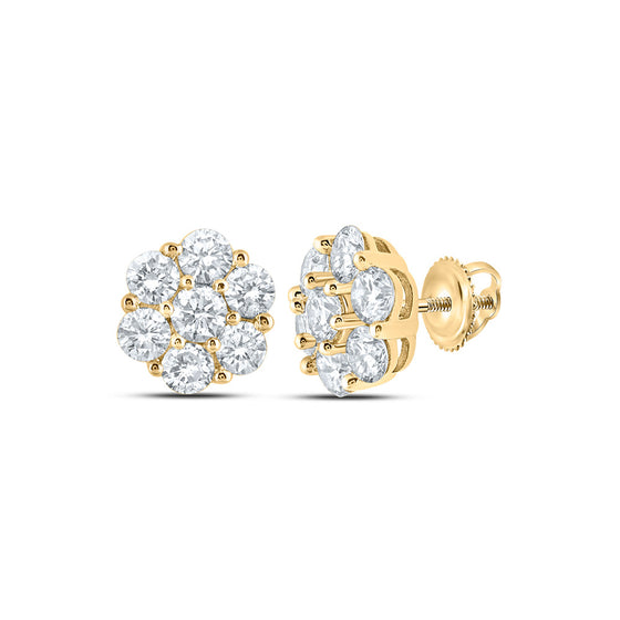 14k Yellow Gold Round Diamond Flower Cluster Earrings 7/8 Cttw