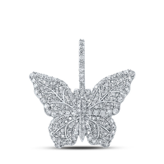 14k White Gold Mens Round Diamond Butterfly Charm Pendant 1-1/2 Cttw