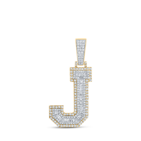 14k Two-tone Gold Mens Baguette Diamond J Initial Letter Charm Pendant 1-3/8 Cttw