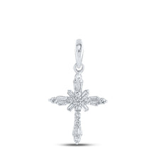  10k White Gold Womens Baguette Diamond Cross Pendant 1/6 Cttw