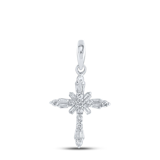 10k White Gold Womens Baguette Diamond Cross Pendant 1/6 Cttw