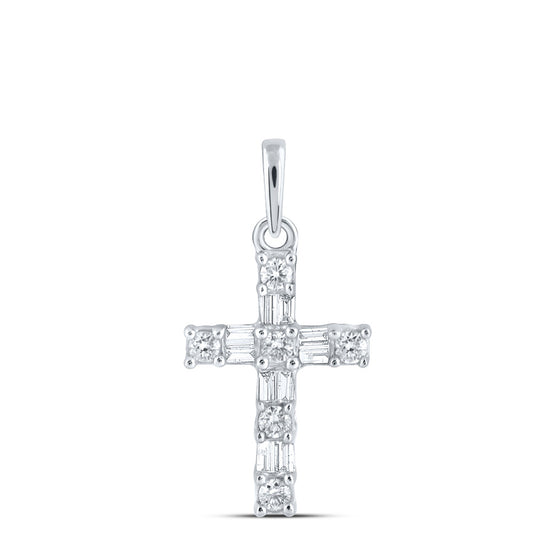 10k White Gold Womens Baguette Diamond Cross Pendant 1/6 Cttw