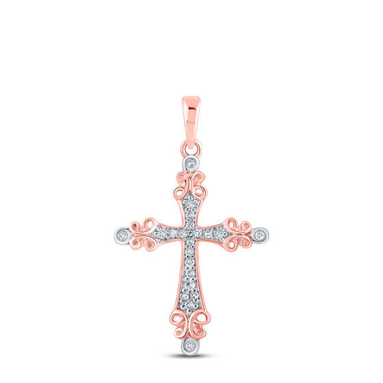 10k Rose Gold Womens Round Diamond Cross Pendant 1/10 Cttw