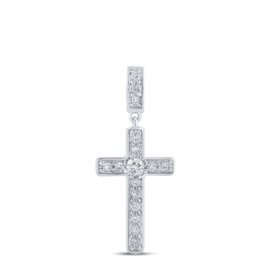 10k White Gold Womens Round Diamond Cross Pendant 3/4 Cttw