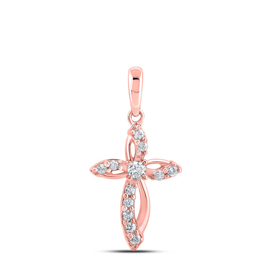 10k Rose Gold Womens Round Diamond Cross Pendant 1/6 Cttw