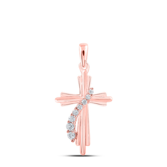 10k Rose Gold Womens Round Diamond Cross Pendant 1/8 Cttw
