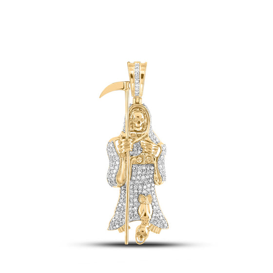 10k Yellow Gold Mens Round Diamond Grim Reaper Charm Pendant 3/4 Cttw