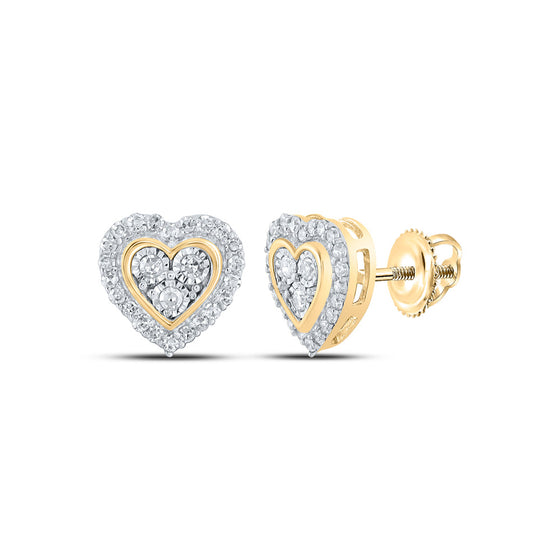 10k Yellow Gold Womens Round Diamond Heart Earrings 1/5 Cttw