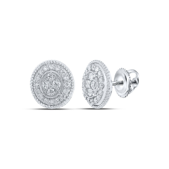 10k White Gold Womens Round Diamond Oval Cluster Earrings 1/2 Cttw